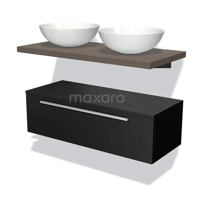 Zweites Badezimmermöbel Schwarz mit Holzlook-Platte und zwei weißen Aufsatzwaschbecken, modernes Design für stilvolle Badezimmer Einrichtung.