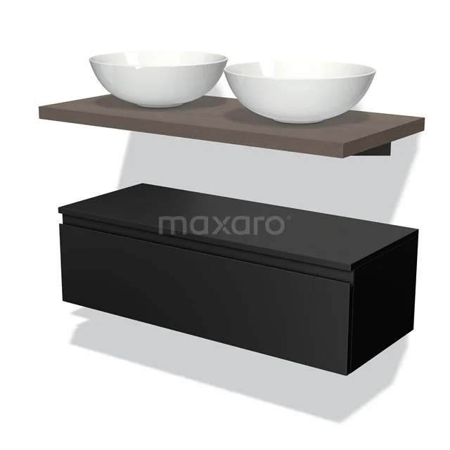 Floating black wash basin set with wooden shelf and double white countertop wash basins, modern design for the bathroom.