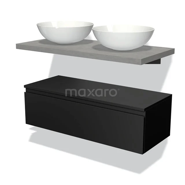 Floating bathroom furniture set with black drawer, grey Worktop and two round white countertop wash basins, modern and sleek design.