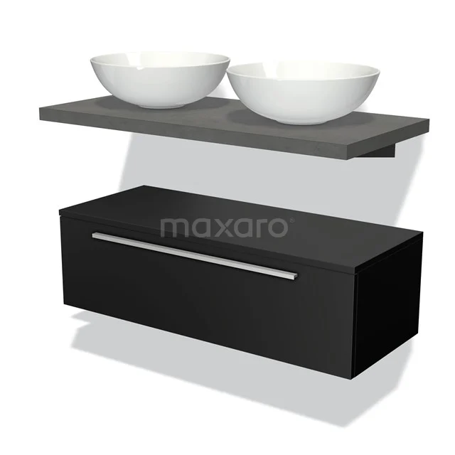 Floating black vanity base unit with single drawer, grey stone worktop and double white countertop wash basins, perfect for modern bathrooms.
