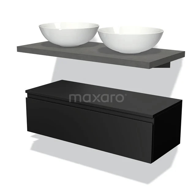 Schwarzer schwebender Badschrank mit mattschwarzer Waschtischplatte und doppelten weißen Aufsatzwaschbecken, modernes Design.