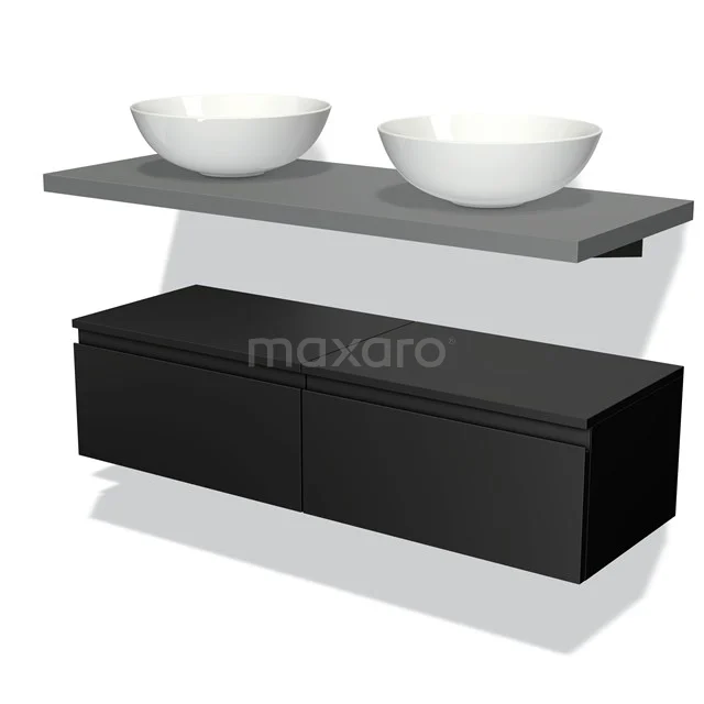 Floating black bathroom unit with two white countertop wash basins, concrete-look basin worktop and handleless drawers.