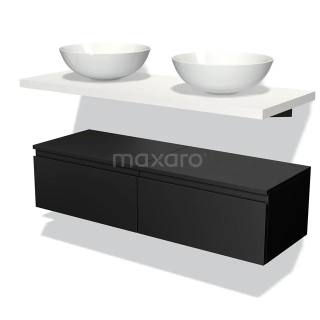 Badmöbel für Aufsatzwaschbecken 120 cm Modulo Plato Matt Schwarz 2 Schubladen Grifflos Matt Weiß Platte BMK32-00244 Schwarze Badmöbelset mit modernem Hängeschrank und doppeltem weißen Waschbecken, ideal für stilvolle Badezimmer.