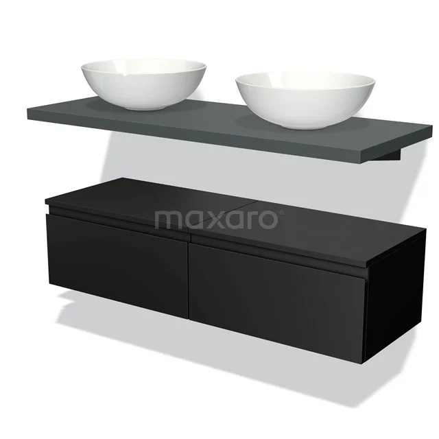 Black bathroom furniture set with double countertop wash basin, floating design and matte black finish, ideal for modern bathrooms.