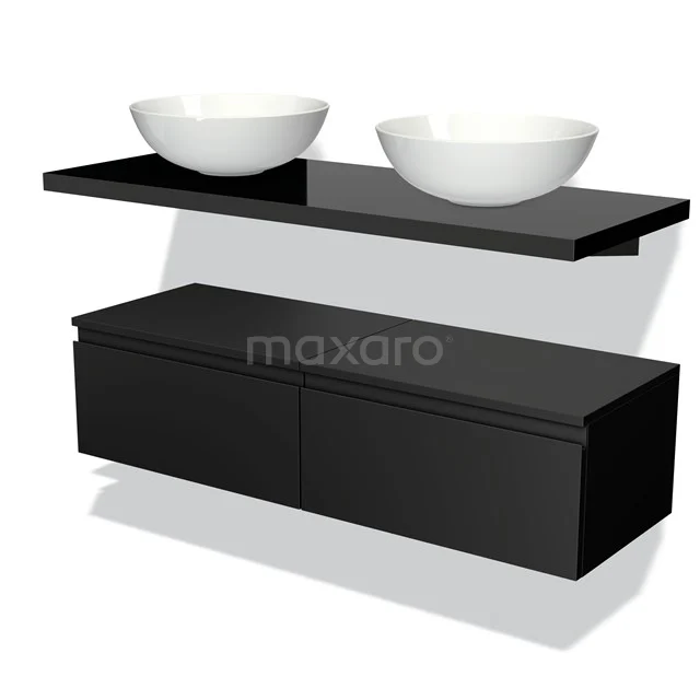 Black floating bathroom furniture set with double basin made of ceramic, modern design and clean finish.