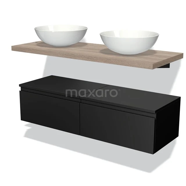 Floating bathroom unit black with wood-look basin worktop and two round white countertop wash basins, modern design.