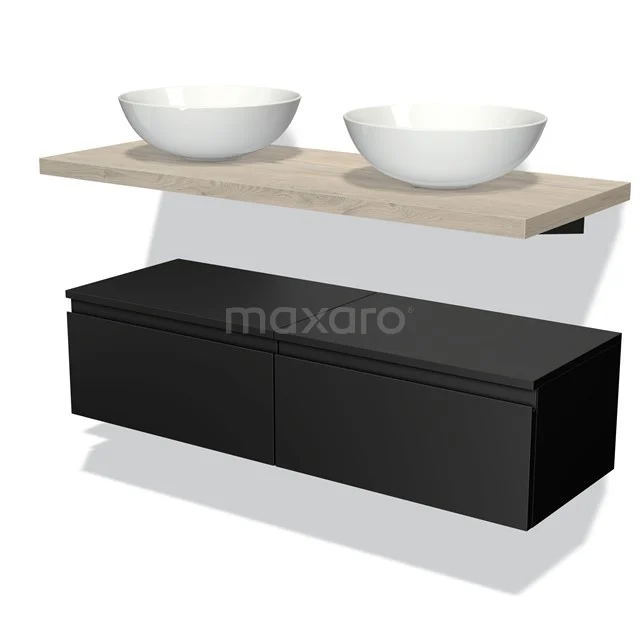 Floating bathroom furniture set with black base cabinet, wooden Basin worktop and double round white countertop wash basins, modern design.