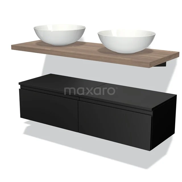 Floating black bathroom cabinet with wood-look basin worktop and double white bowl-shaped basins, modern design.