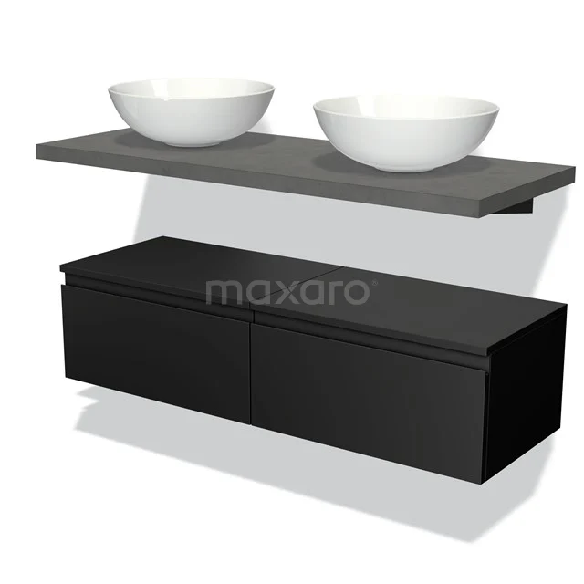Black suspended washbasin set with double surface-mounted bowls and grey worktop, modern design for stylish bathrooms.