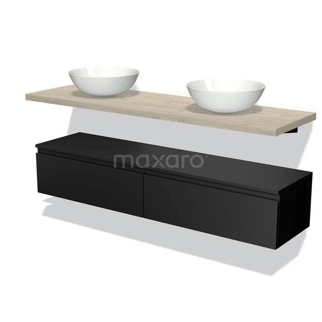 Black floating bathroom furniture set with wooden worktop and two white countertop wash basins, modern design and practical storage space.