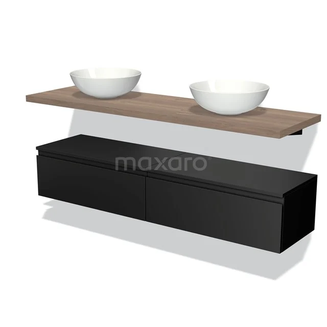 Floating black bathroom furniture set with wooden worktop and two white countertop wash basins, stylish and modern design.