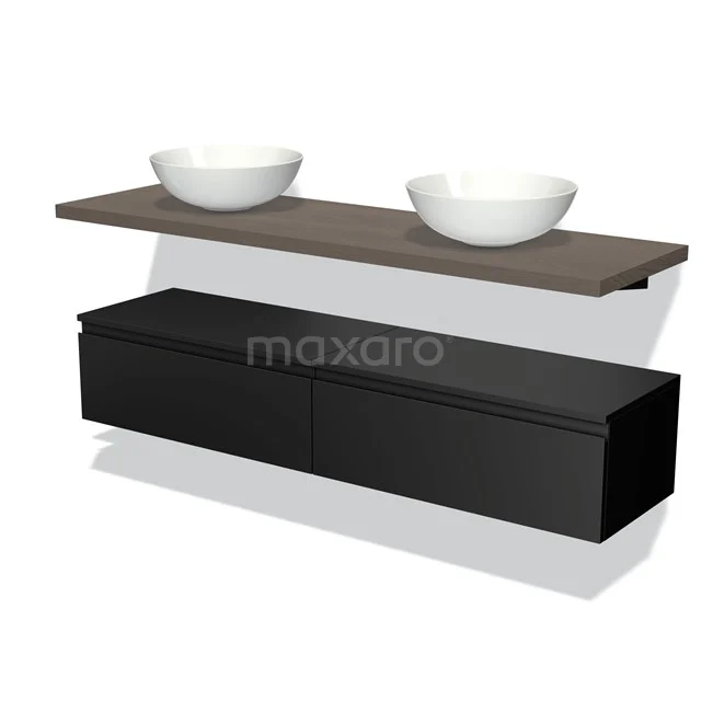 Floating bathroom unit black wood with double white countertop wash basins, modern design look.