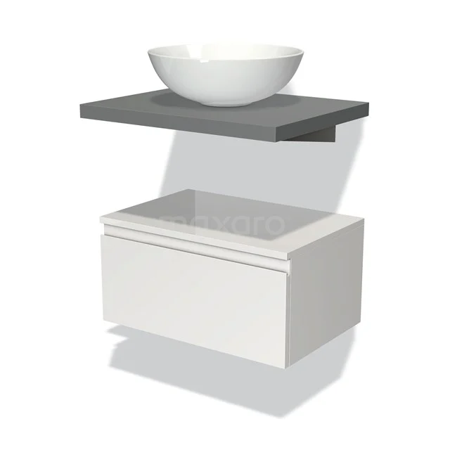 White floating bathroom unit with grey basin shelf and round surface-mounted bowl, modern design made of wooden materials.