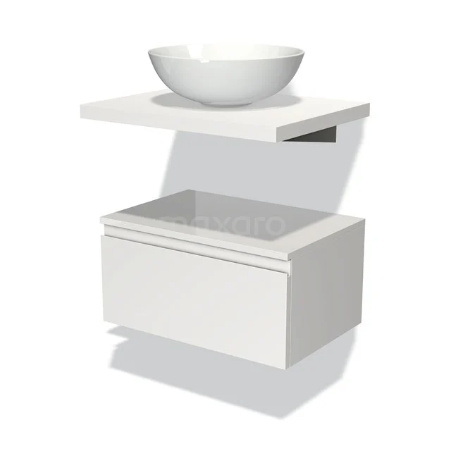 Weiße Badmöbelset mit schwebendem Design, keramischem Aufsatzwaschbecken und Schublade mit Softclose, modern und platzsparend.