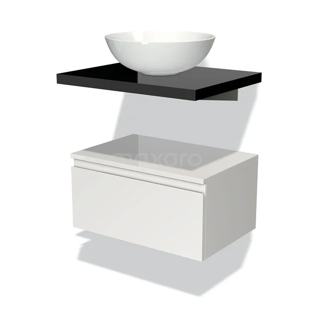 White suspended bathroom unit with black shelf, ceramic bowl-shaped basin and modern finish, ideal for small bathrooms.