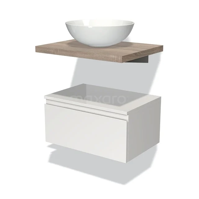 Wall-mounted bathroom unit with white drawer, wood-coloured worktop and round countertop wash basin, modern design for stylish bathrooms.