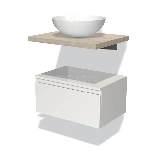 Badmöbel für Aufsatzwaschbecken 60 cm Modulo Plato Hochglanz Weiß 1 Schublade grifflos hellgraue Eiche Platte BMK32-00292 Weißes schwebendes Badmöbel mit Holzregal, rundes Waschbecken und Schubladenschrank, ideal für eine moderne Badezimmergestaltung.