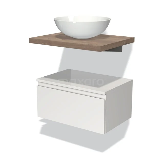 Weiße Waschbeckenunterkonstruktion mit Holzregal und modernem runden Aufsatzwaschbecken, perfekt für ein stilvolles und funktionales Badezimmer.
