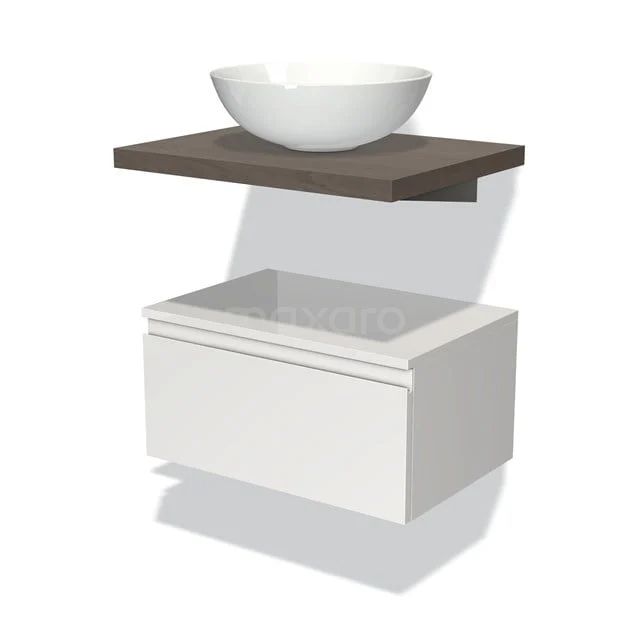 Badmöbel für Aufsatzwaschbecken 60 cm Modulo Plato Hochglanz Weiß 1 Schublade grifflos dunkelbraune Eiche Platte BMK32-00296 Weiße Badmöbelset mit keramischem Aufsatzwaschbecken, Holz-Waschbeckenplatte und Schublade, modernes Design für stilvolle Badezimmergestaltung.