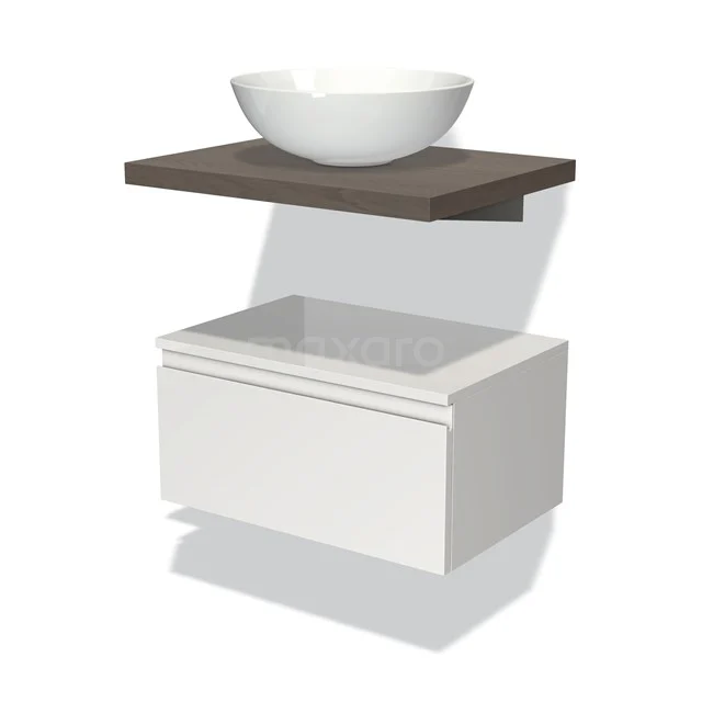 Weiße Badmöbelset mit keramischem Aufsatzwaschbecken, Holz-Waschbeckenplatte und Schublade, modernes Design für stilvolle Badezimmergestaltung.