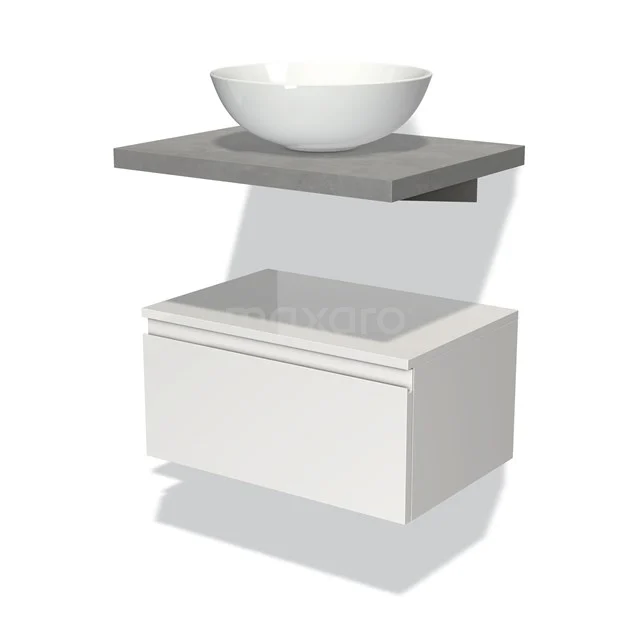Modulo Plato Badmöbel mit Aufsatzwaschbecken | 60 cm Hochglanz Weiß Grifflos front Hellgrauer Beton blatt Tief hängend BMK32-00298 Weißes hängendes Badmöbel mit grauer Waschtischplatte und rundem Waschbecken, modernes Design aus Holz und Keramik.