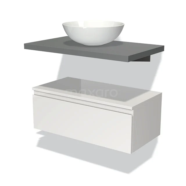 White hanging bathroom unit with grey worktop and round vanity units for countertop wash basin, modern ceramic design for stylish bathroom design.