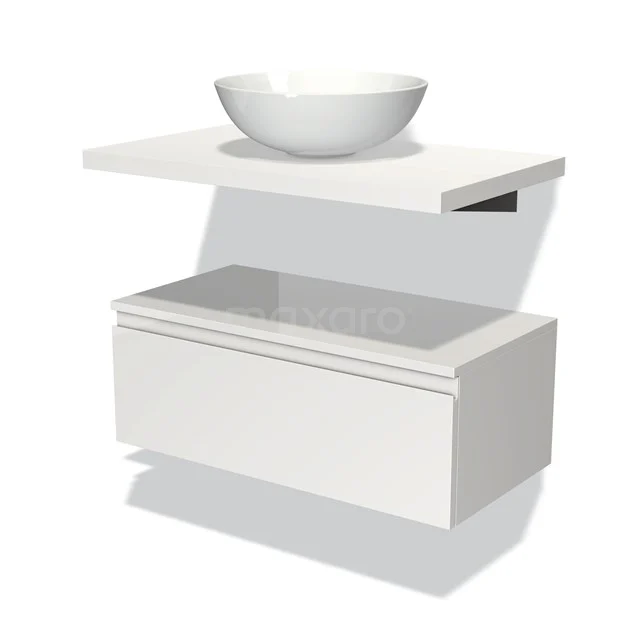 Badmöbel für Waschtischunterschrank mit Konsole 80 cm Modulo Plato Hochglanz Weiß 1 Schublade Grifflos Matt Weiß Platte BMK32-00304 Weißes schwebendes Badmöbel mit einem rundes Waschbecken, moderne Verarbeitung und minimalistisches Design.