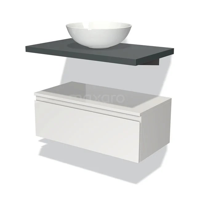 Weißes schwebendes Badezimmermöbel mit anthrazitfarbener Platte und rundem Waschbecken, modernes Design aus hochwertigem Material.