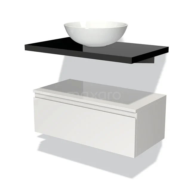 Weißes Badmöbel mit schwarzer Waschtischplatte, keramischer Schüssel und Schublade, modernes Design für kompakte Bäder.