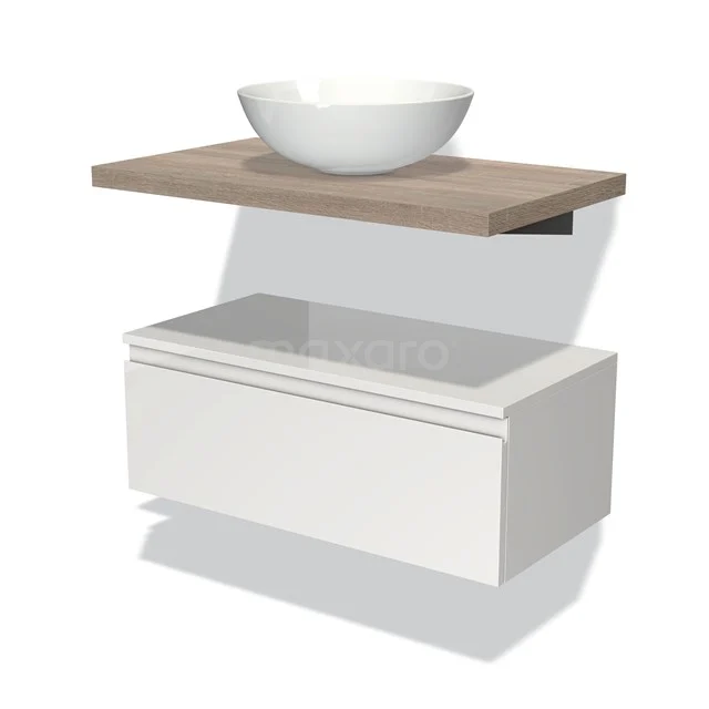 Weißes Badezimmermöbel mit Schublade, Holzplatte und rundem Waschbecken; elegantes Design für moderne Bäder.