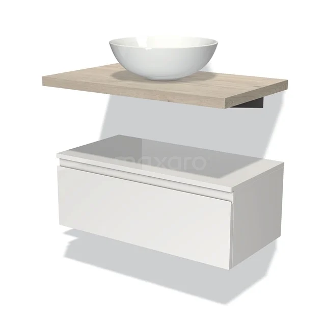 Modulo Plato Badmöbel mit Aufsatzwaschbecken | 80 cm Hochglanz Weiß Grifflos front Hellgraue Eiche blatt Tief hängend BMK32-00312 Waschtisch Holzoptik mit weißer Schublade und rundem Aufsatzwaschbecken, modernes Design, ideal für ein stilvolles Badezimmer.