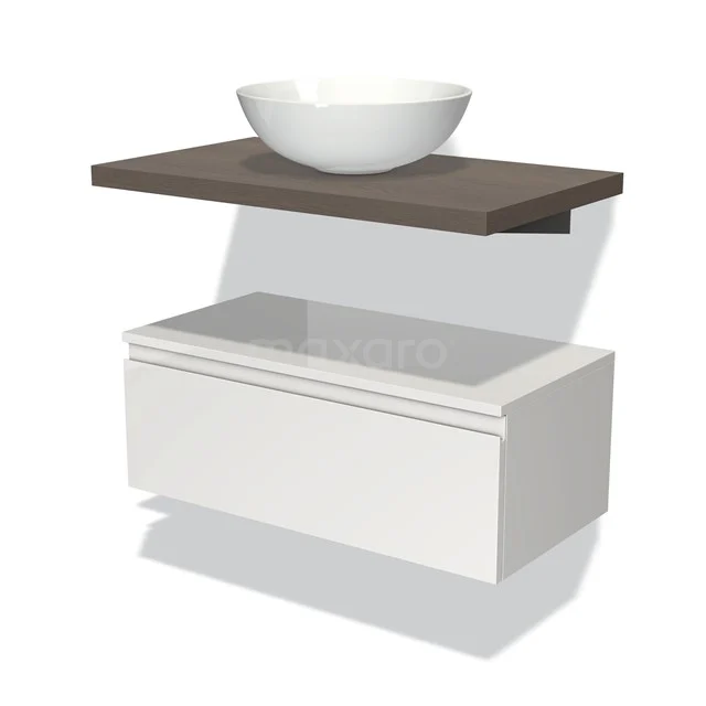 White hanging bathroom unit with drawers, wooden shelf and round countertop wash basin, modern design made of durable materials.