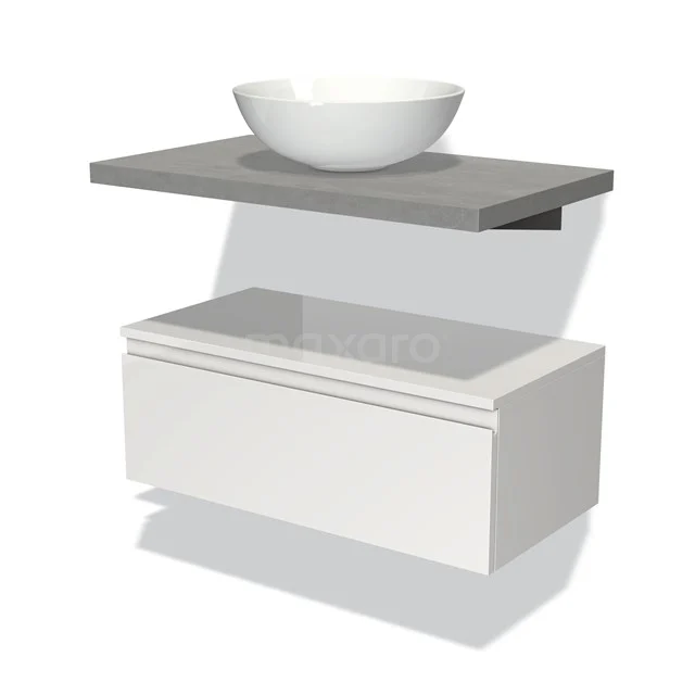 Badmöbel für Waschtischunterschrank mit Konsole 80 cm Modulo Plato Hochglanz Weiß 1 Schublade Grifflos hellgrauer Beton Platte BMK32-00318 Weißes Badmöbel mit grauer Waschtischplatte und rundem Aufsatzwaschbecken, schlichtes Design, perfekt für eine moderne Badezimmergestaltung.