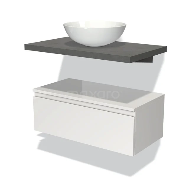 Modulo Plato Badmöbel mit Aufsatzwaschbecken | 80 cm Hochglanz Weiß Grifflos front Dunkelgrauer Beton blatt Tief hängend BMK32-00320 Weißes Badmöbel mit anthrazit Eiche Platte und rundes Waschbecken, moderne Ausstrahlung, ideal für eine stilvolle Badezimmerinrichtung.