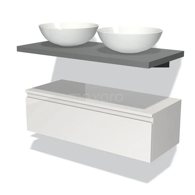 White bathroom unit with grey shelf, double countertop wash basin made of ceramic, modern design. Perfect for stylish bathroom design.