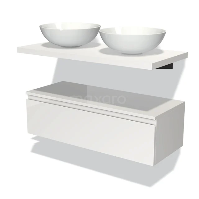 White floating bathroom unit with double oval countertop wash basins, minimalist design and integrated drawer made of high-gloss white materials.