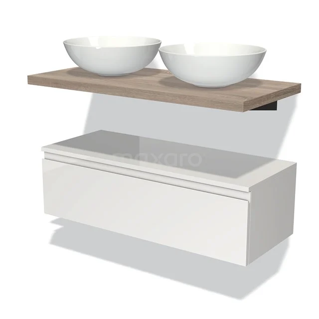 Weiße Badmöbelset mit Holzplatte, zwei Aufsatzwaschbecken und schnörkellosem Design, ideal für eine moderne Badezimmergestaltung.