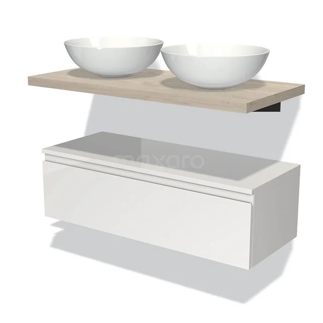 Weißes Holz-Badmöbel mit zwei runden Aufsatzwaschbecken, schwebendes Design und moderner Look, perfekt für jedes Badezimmer.