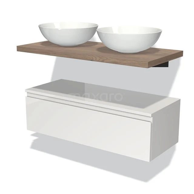 White wooden bathroom unit with double ceramic countertop wash basins and oak worktop, modern style.