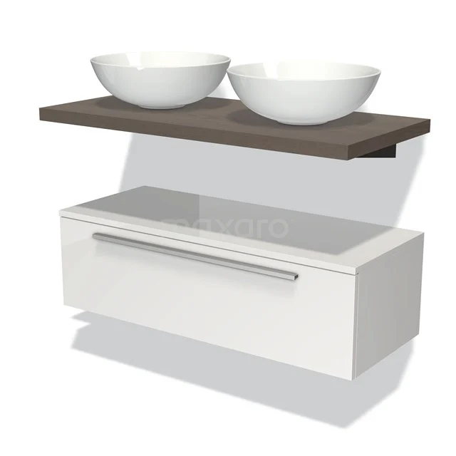 Modulo Plato Badkamermeubel voor waskom | 100 cm Hoogglans wit Vlak front Donkerbruin eiken blad Laag zwevend BMK32-00335