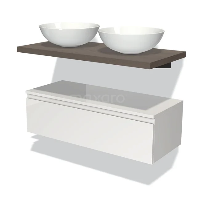 Weißes schwebendes Badmöbel mit Holzregal und doppeltem rundem Waschbecken, modernes Design für stilvolle Bäder.