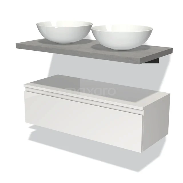White bathroom furniture set with hanging basin, concrete worktop and double round basins, modern design.