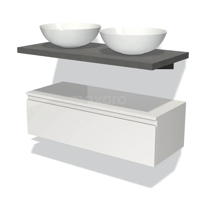 Weißes schwebendes Badezimmermöbel mit Dunkelgrau Platte und zwei runden Waschbecken, modernes Design aus hochwertigem Material.