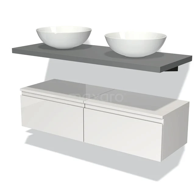 Waschtisch mit grauer Platte, weißen Unterschränken und zwei keramischen Aufsatzwaschbecken, ideal für ein modernes Badezimmer.