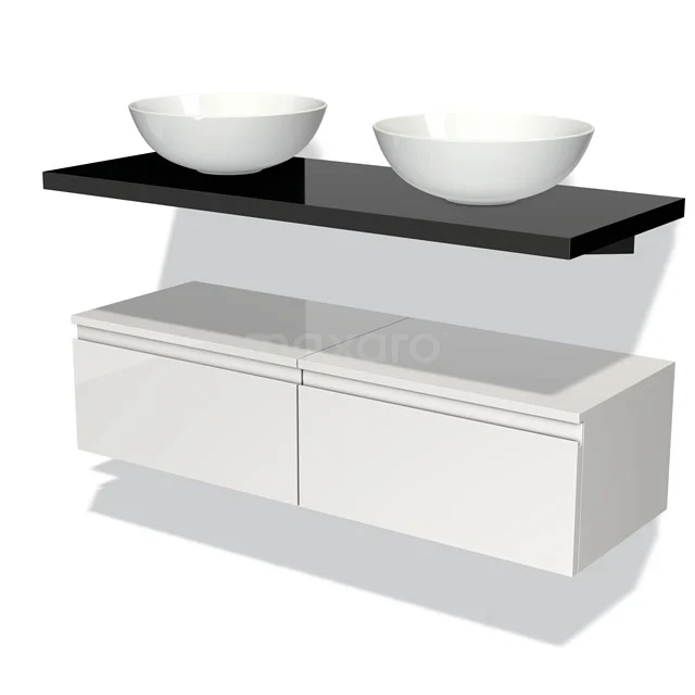Floating white bathroom furniture set with black basin shelf and two white countertop wash basins, modern design.