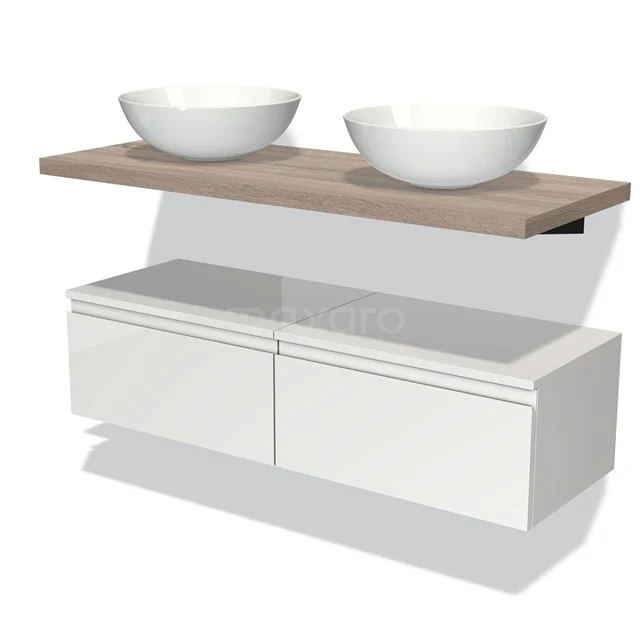 Doppelwaschbecken auf schwebendem Holzregal mit weißen Schubladen, modernes Badezimmermöbel der Pure-Serie.