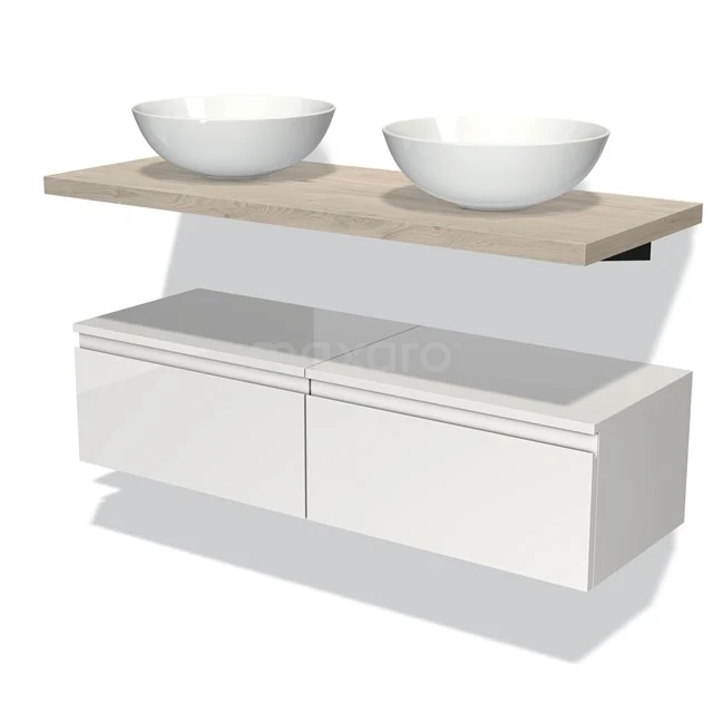 Modernes Badmöbel mit weißen Schubladen, Holzregal und zwei runden Waschbecken; elegantes Design ideal für ein stilvolles Badezimmer.