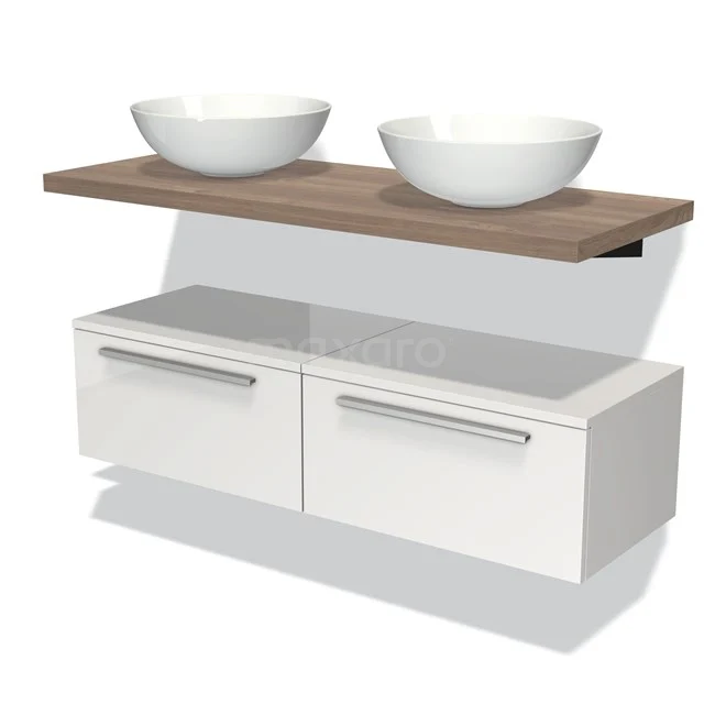 Modulo Plato Badkamermeubel voor waskom | 120 cm Hoogglans wit Vlak front Middenbruin eiken blad Laag zwevend BMK32-00353