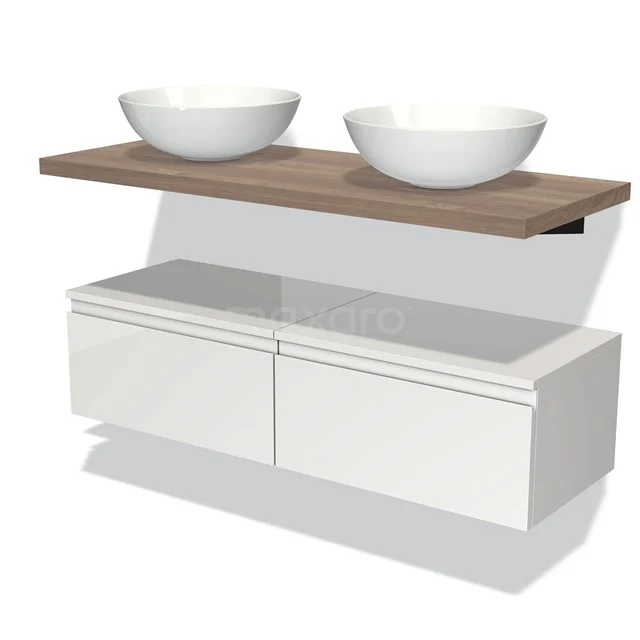Bathroom wall unit set, white with wooden shelf and two round basins, modern design, suitable for double basin arrangement.