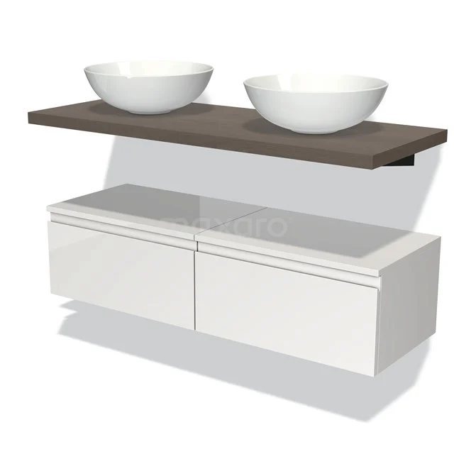 Modern Badmöbel mit Holzregal, weißem Doppelwaschbecken und Schubladen. Stilvolle und funktionale Badezimmerlösung.